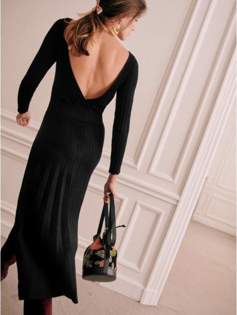EUC Sezane Flavie V-Back Midi Sweater Dress Black Small